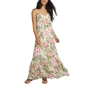 Hurley Floral Tropical Maxi Dress Ruffle Hem White Pink Resort Boho - XL